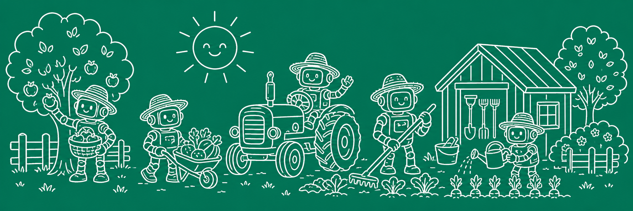 Robots agricultores con sombreros de paja trabajando junto a un tractor, árboles y un cobertizo